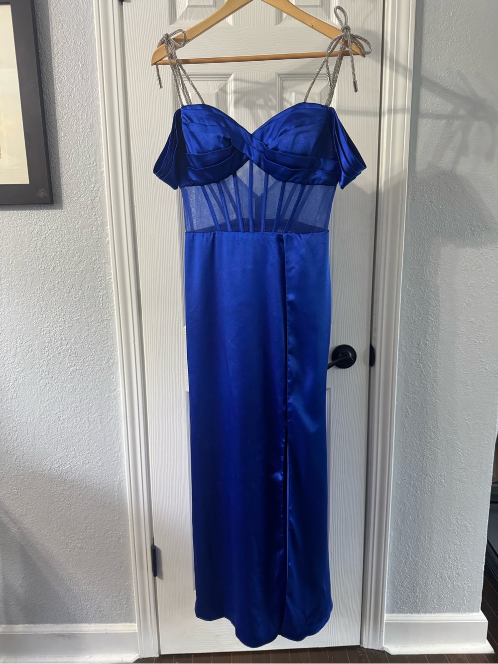 ellie wilde Cobalt Blue Satin Maxi with Sheer Corset Bodice & rhinestone bow